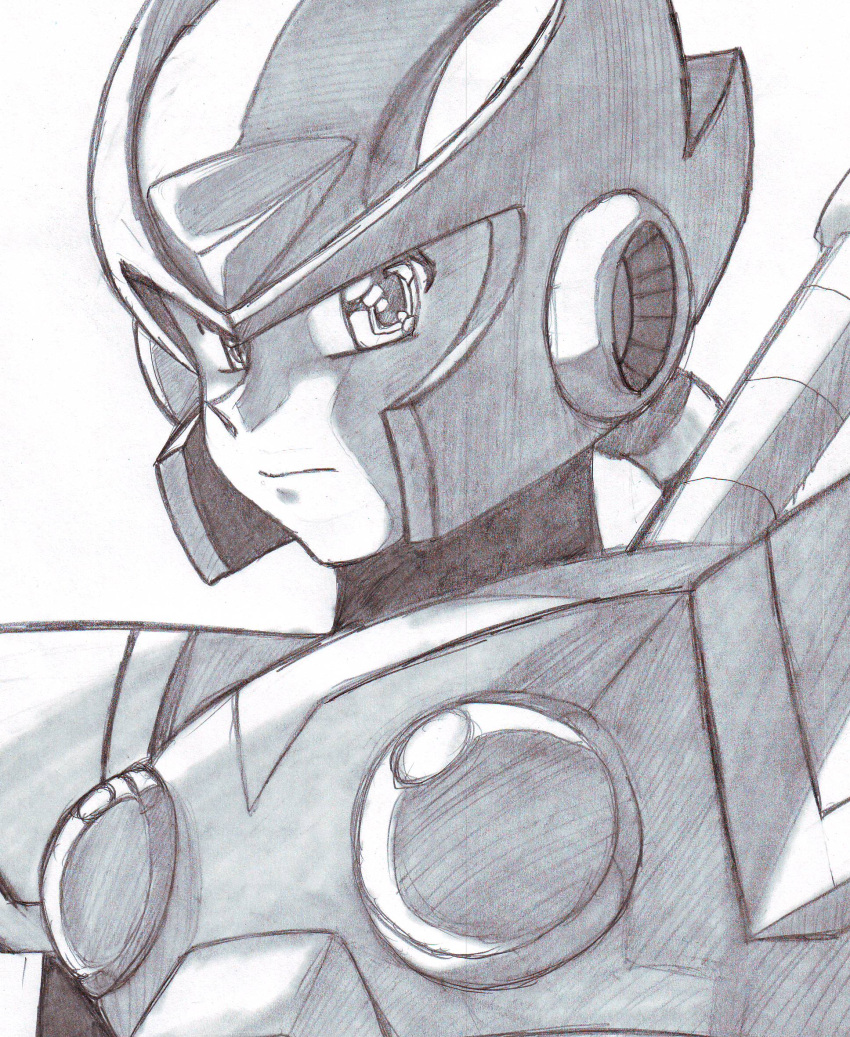 1boy android armor commentary dion english_commentary forehead_jewel graphite_(medium) helmet highres male_focus mega_man_(series) mega_man_x_(series) robot_ears solo traditional_media upper_body zero_(mega_man)