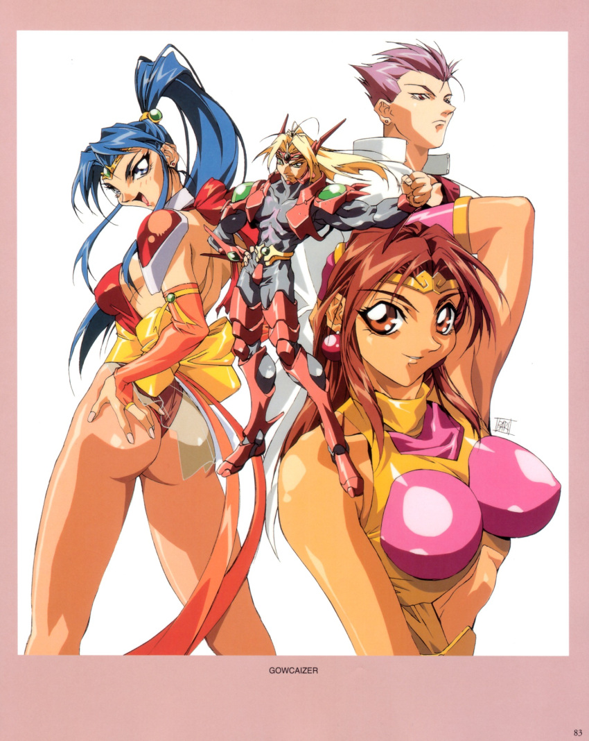 1990s_(style) 2boys 2girls abs arm_up armor artbook ass back_bow bare_shoulders blonde_hair blue_eyes blue_hair bow breasts bridal_gauntlets brown_eyes brown_hair choujin_gakuen_gowcaizer circlet copyright_name covered_nipples curvy earrings fingernails gloves gowcaizer green_eyes high_ponytail highleg highleg_leotard highres hishizaki_shaia_(gowcaizer) jewelry kaiza_isato large_breasts legs leotard lips lipstick long_hair looking_at_viewer magical_girl makeup multiple_boys multiple_girls nail_polish official_art oobari_masami open_mouth pantyhose ponytail purple_eyes purple_hair red_leotard retro_artstyle revealing_clothes ribbon scan shigure_kyousuke sideboob signature smile son_karin thighs thong_leotard tiara yellow_bow