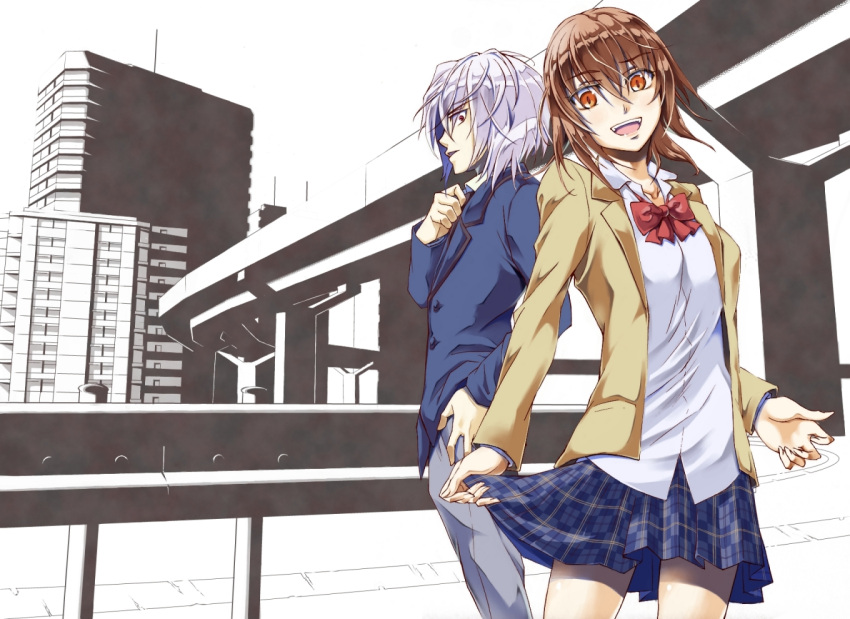 1boy accelerator_(toaru_majutsu_no_index) albino blazer bow bowtie breasts brown_eyes brown_hair commentary_request female inomata_mamoru jacket large_breasts misaka_worst red_bow red_bowtie red_eyes school_uniform skirt toaru_majutsu_no_index tokiwadai_school_uniform uniform white_hair winter_uniform