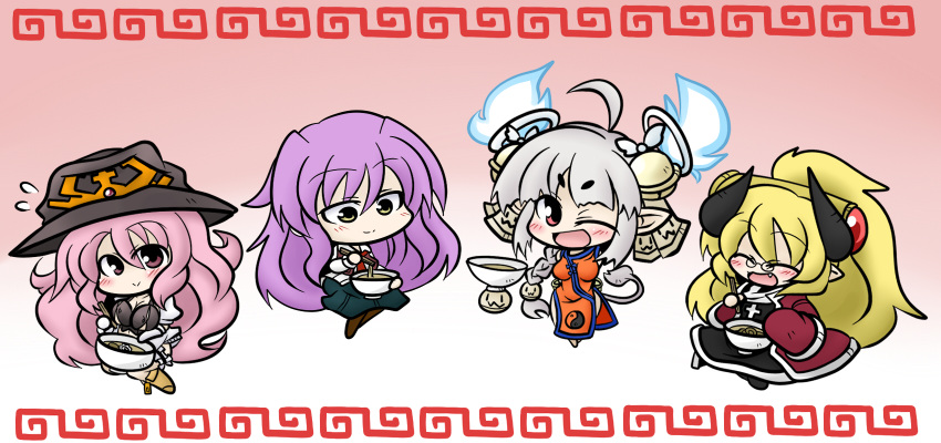 4girls :3 ^_^ ahoge bell blonde_hair blush bowl braid chinese_clothes chopsticks cloak closed_eyes commentary_request cross food glasses grey_hair hair_ornament hair_ribbon highres horns jingle_bell kamaboko long_hair meandros multiple_girls narutomaki noodles oerba_yun_fang one_eye_closed open_mouth pink_eyes pink_hair pipipi pixiv_fantasia pixiv_fantasia_wizard_and_knight pointy_ears ponytail purple_hair ramen red_eyes ribbon sitting sleeves_past_wrists smile tail yanagi_(nurikoboshi) yellow_eyes