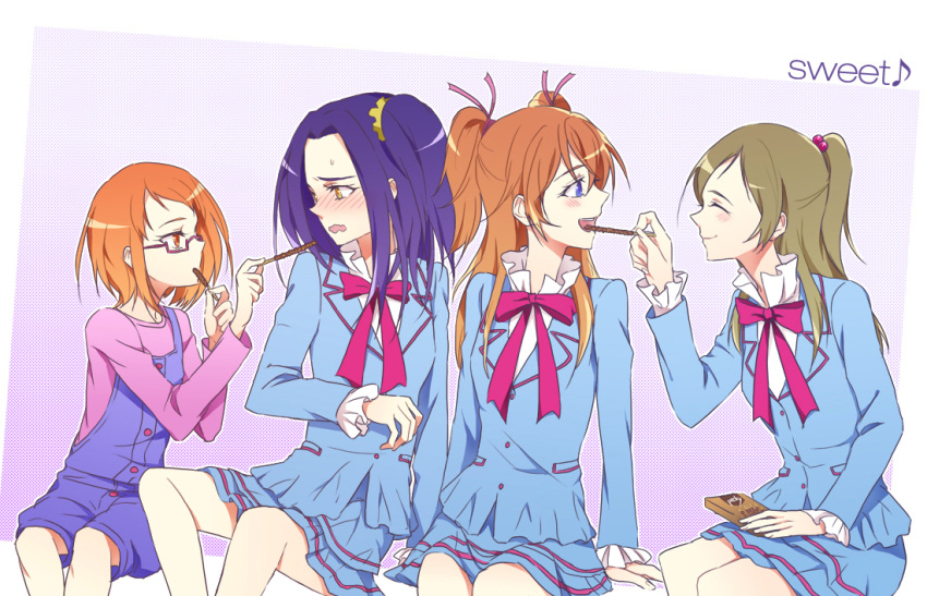 aria_gakuen_school_uniform bad_id bad_pixiv_id blazer blue_eyes blue_shirt blush bow brown_hair closed_eyes eating feeding food frills glasses hair_bobbles hair_ornament hair_ribbon half_updo houjou_hibiki jacket kurokawa_eren long_hair long_sleeves minamino_kanade multiple_girls musical_note negom one_side_up open_mouth orange_hair overalls pink_bow pocky ponytail precure profile purple_hair red_eyes ribbon school_uniform seiren_(suite_precure) shirabe_ako shirt sitting skirt smile suite_precure twintails two_side_up wavy_mouth yellow_eyes yuri