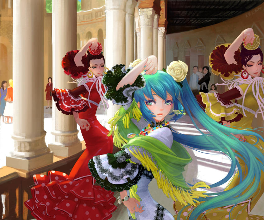 alhambra aqua_eyes aqua_hair bracelet chinese_commentary choker colonnade column commentary_request dancing dress earrings female flamenco flower frills fringe_trim gathers granada_(spain) hair_bun hair_flower hair_ornament hatsune_miku jewelry lace long_hair nail_polish outdoors palace photoshop_(medium) pillar polka_dot red_dress rose shawl single_hair_bun solo spain twintails very_long_hair vocaloid xiaji yellow_dress