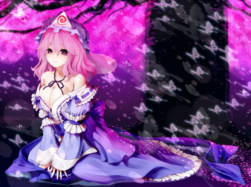 akira_b bad_id bad_pixiv_id bare_shoulders breasts bug butterfly cherry_blossoms choker cleavage female hat medium_breasts mizusaki_(tengoku) pink_eyes pink_hair saigyouji_yuyuko short_hair sitting solo touhou wariza