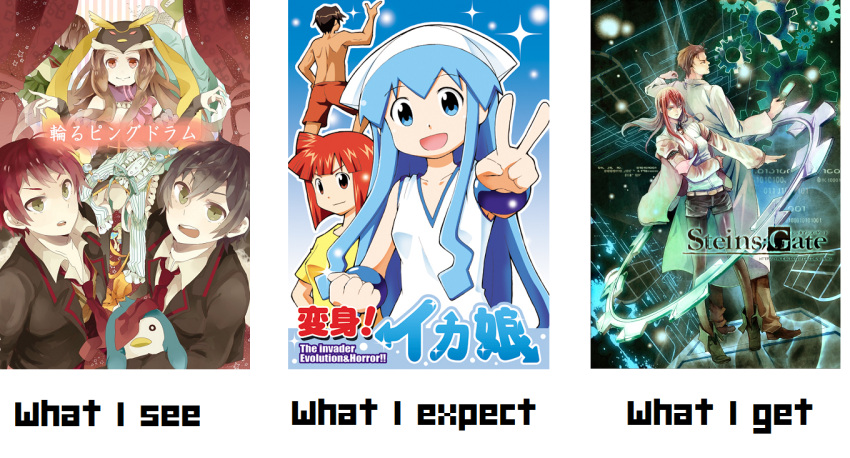 4boys 4girls aizawa_eiko arashiyama_gorou crystal ikamusume makise_kurisu mawaru_penguindrum meme multiple_boys multiple_girls okabe_rintarou pantyhose pantyhose_under_shorts penguin_2-gou princess_of_the_crystal shinryaku!_ikamusume shorts steins;gate takakura_himari takakura_kanba takakura_shouma what_i_watched_what_i_expected_what_i_got_(meme)