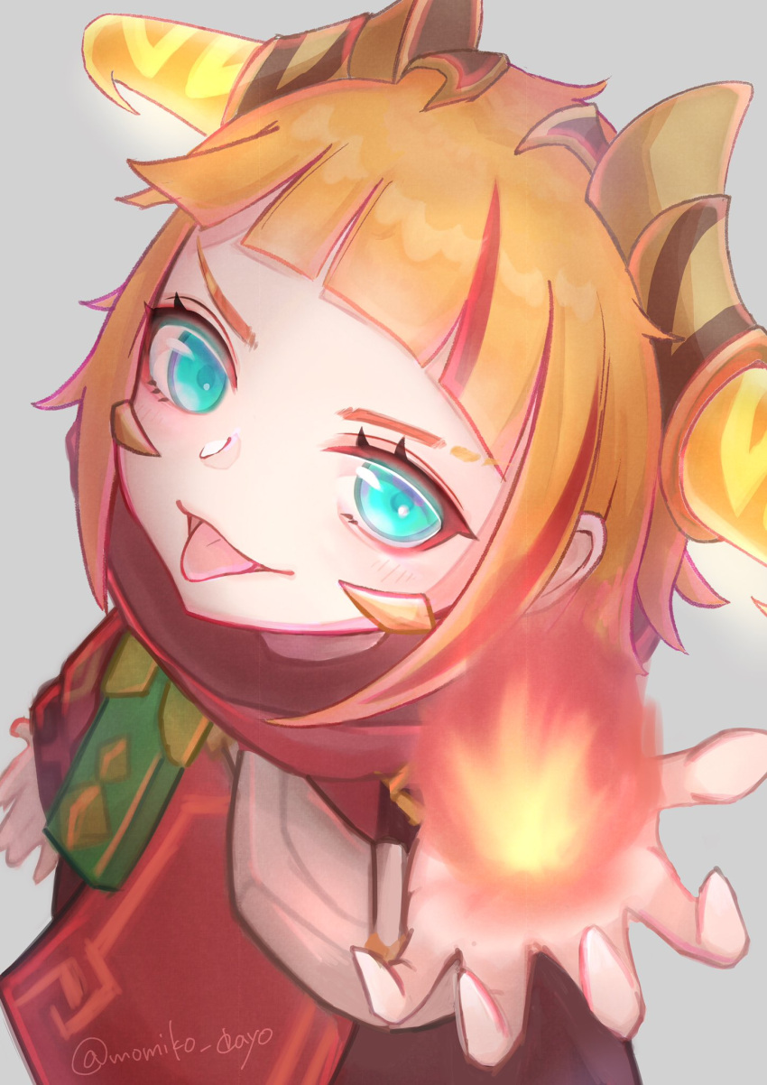 annie_(league_of_legends) aqua_eyes blunt_bangs blush female fire grey_background highres league_of_legends lunar_beast_annie momikodayo multicolored_hair open_hand open_mouth orange_hair red_hair short_hair signature simple_background solo streaked_hair tongue tongue_out twitter_username