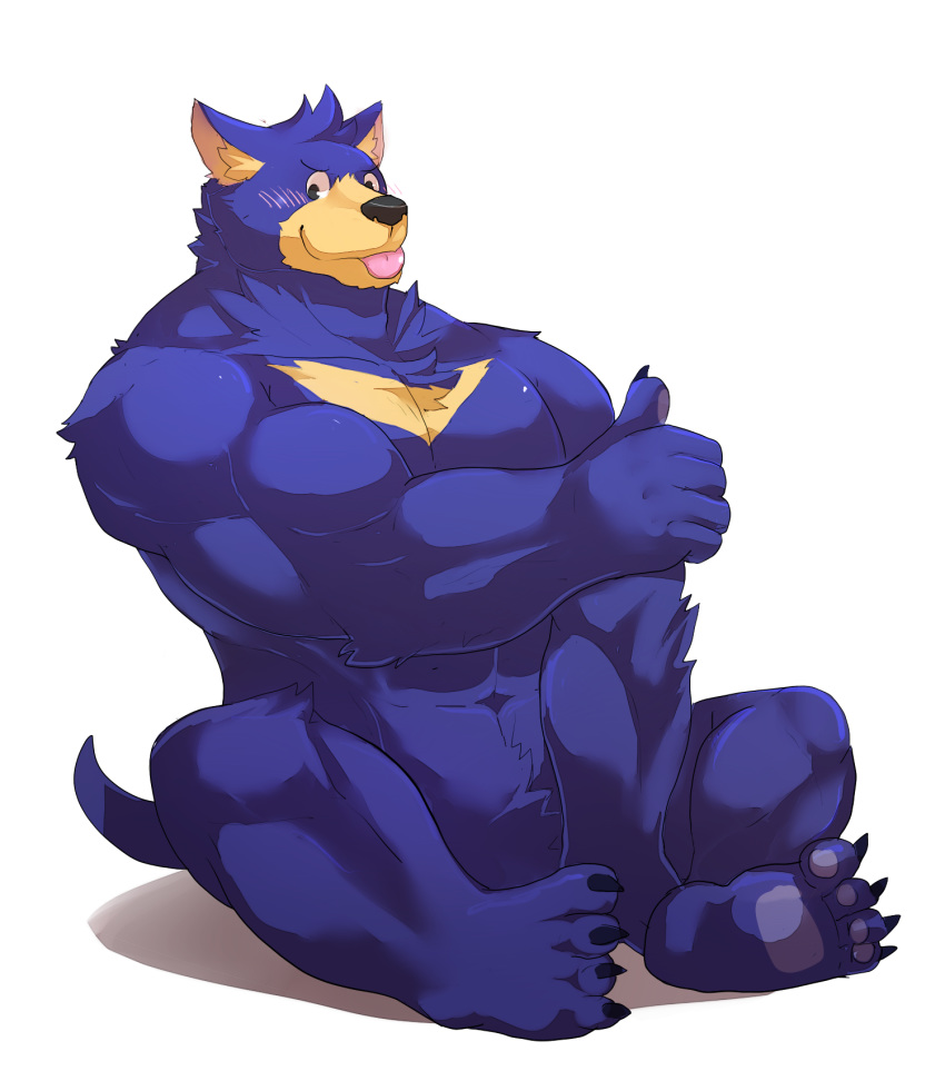 2015 3_toes 4_fingers 4_toes 5_fingers abs anthro biceps big_muscles biped black_eyes black_nose blep blue_body blue_fur chest_tuft claws crotch_tuft dasyurid dasyuromorph digital_drawing_(artwork) digital_media_(artwork) facebook facebook_stickers featureless_crotch feet fingers fur gesture hand_gesture hi_res inner_ear_fluff looking_at_viewer male mammal marsupial multicolored_body multicolored_fur muscular muscular_anthro muscular_male nude o-ro pawpads pecs simple_background sitting solo tasmanian_devil taz_(facebook) thumbs_up toe_claws toes tongue tongue_out tuft two_tone_body two_tone_fur white_background yellow_body yellow_fur