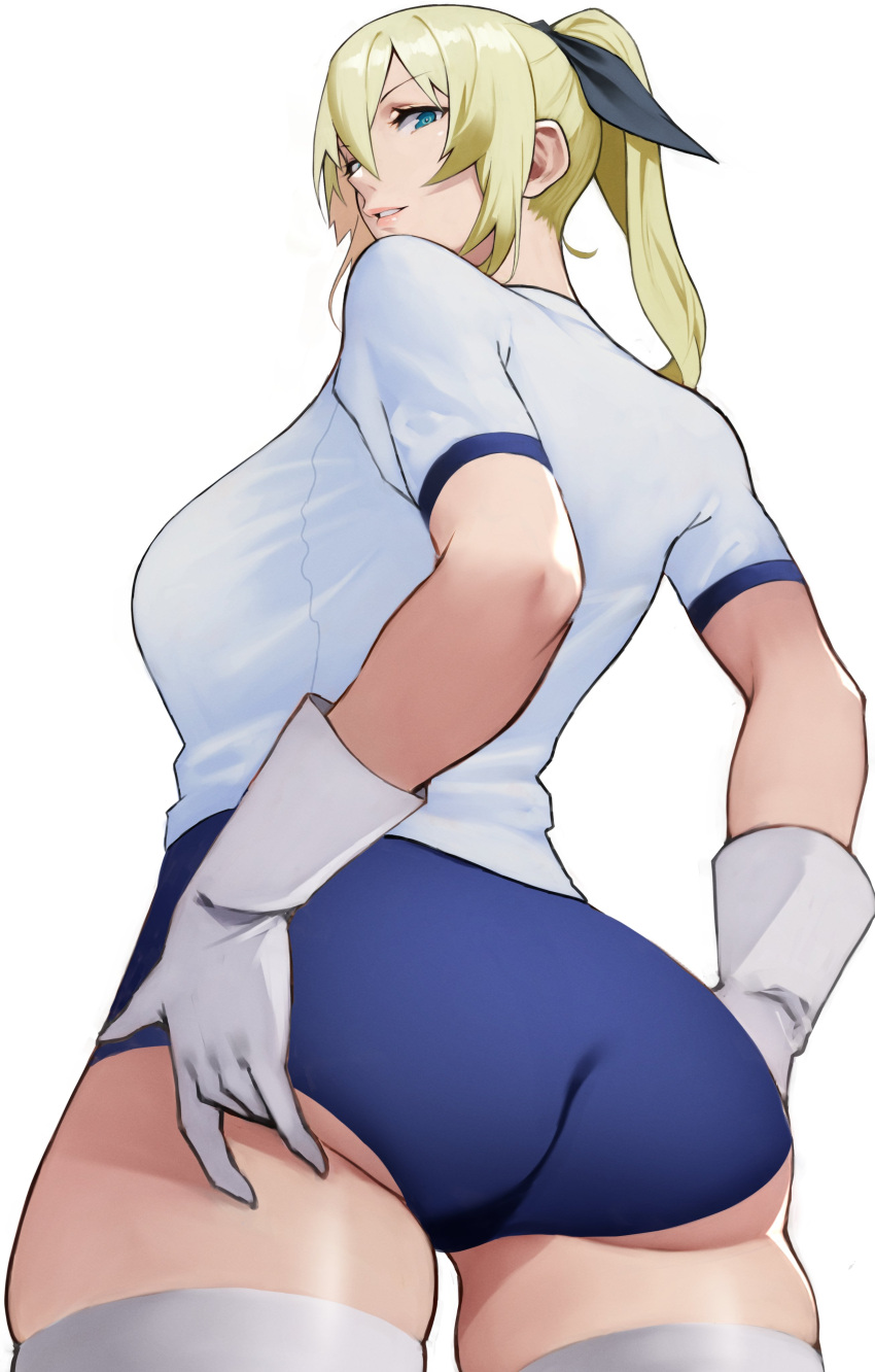 absurdres ass ass_support back blonde_hair blue_buruma blue_eyes breasts buruma espada_love female gloves highres large_breasts long_hair looking_at_viewer looking_back maken-ki! shirt short_sleeves sidelocks simple_background solo thighhighs thighs white_background white_gloves white_shirt white_thighhighs yoshio_(55level)