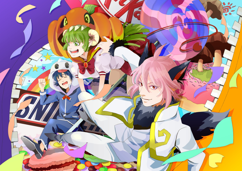 2boys absurdres asmodeus_alice babyls_school_uniform candy commentary_request demon_tail female food green_eyes green_hair halloween highres horns kitkat lollipop m&m's mairimashita!_iruma-kun multiple_boys nail_polish partial_commentary pink_hair pumpkin red_eyes school_uniform snickers_(brand) suzuki_iruma tail techi_(tta4) valac_clara