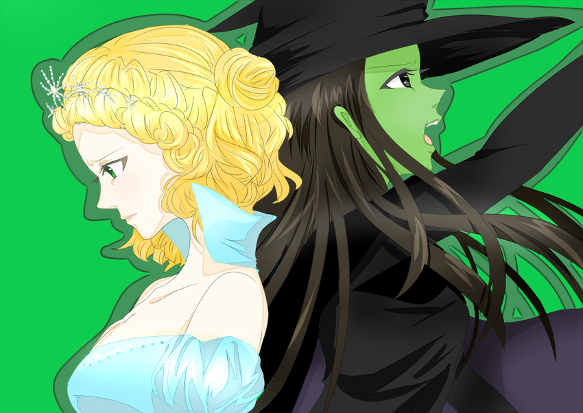 2girls animification back-to-back bad_id bad_pixiv_id bare_shoulders black_hair blonde_hair blue_eyes colored_skin dress elphaba_thropp glinda good_witch_of_the_north gown green_background green_skin hat long_hair multiple_girls open_mouth puffy_short_sleeves puffy_sleeves respawnmayomayo short_hair short_sleeves wicked wicked_witch witch witch_hat