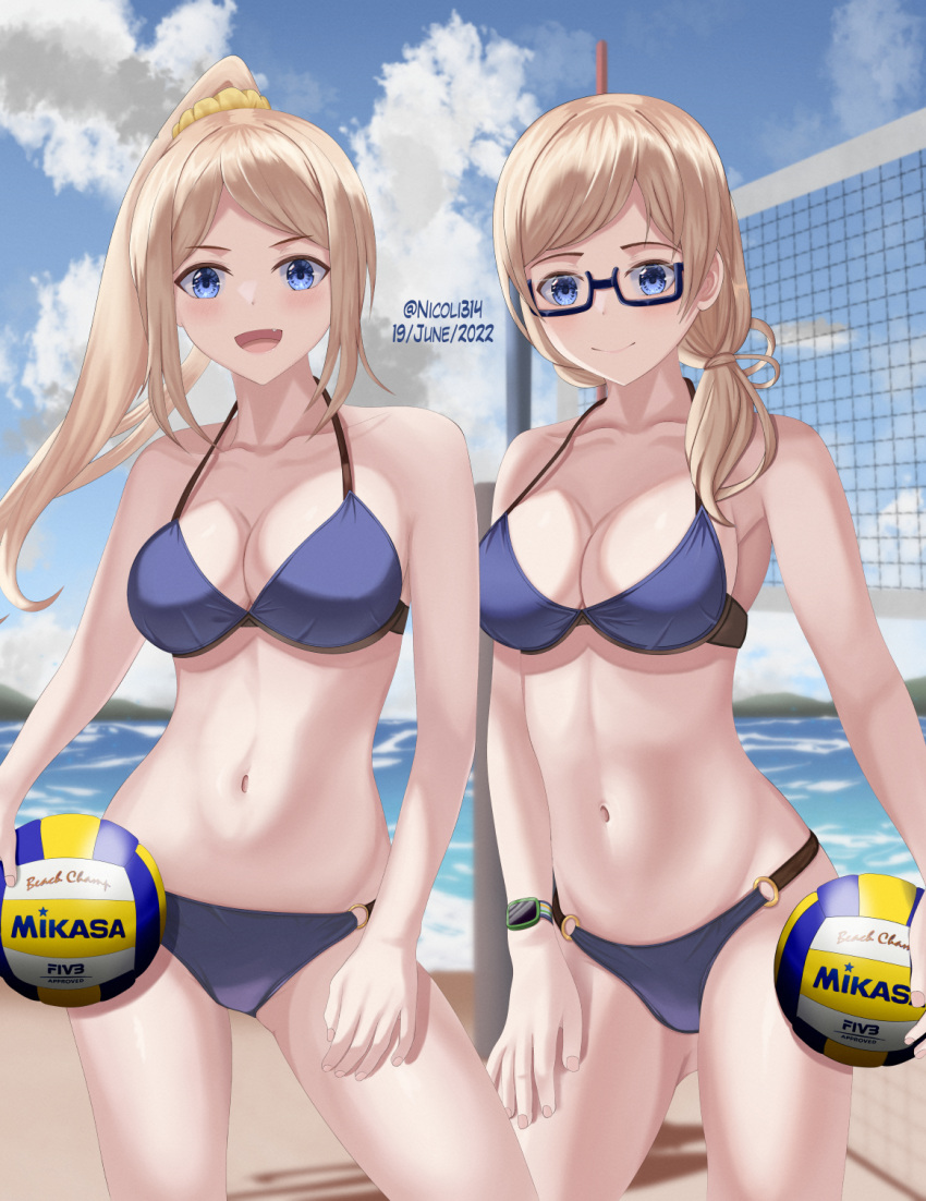 2girls ball beach beach_volleyball bikini blonde_hair blue_bikini blue_eyes blue_sky breasts cleavage cloud cowboy_shot dated day glasses hair_over_shoulder harukana_receive high_ponytail highres holding holding_ball large_breasts long_hair low_ponytail matching_outfits multiple_girls nicoli3141 o-ring o-ring_bikini ocean oerba_yun_fang open_mouth outdoors siblings sisters sky swimsuit thomas_claire thomas_emily twins twitter_username volleyball volleyball_(object) volleyball_net