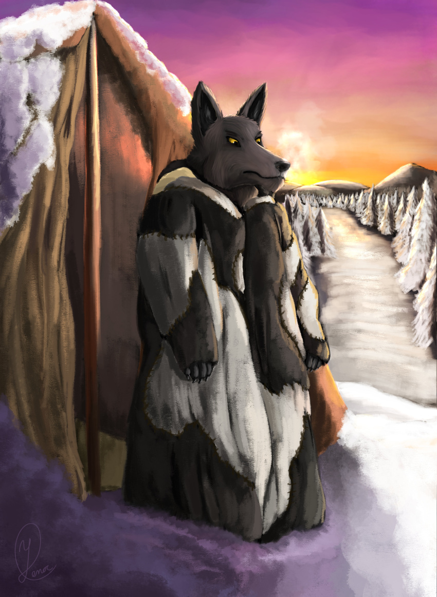 absurd_res anthro anugoran arctic black_body black_fur canid canine canis evergreen_tree freezing_breath fur fur_coat glare_(lighting) grumpy hi_res homebrew jackal landscape male mammal morning mountain oberon_(uncrom) peror pine_tree pink_sky plant secrets_of_uncrom sky snow solo stitch_(sewing) sunrise tent tree tundra uncrom valtalska winter yellow_eyes yenocwolf