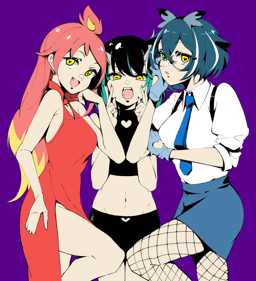 3girls :d absurdres alternate_costume alternate_eye_color animare black_hair black_shorts black_sports_bra blue_gloves blue_hair blue_necktie blue_skirt breasts closed_mouth clothing_cutout collared_shirt commentary_request cutout_gloves demon_girl demon_horns dress feet_out_of_frame fingernails fishnet_pantyhose fishnets flat_chest glasses gloves groin hair_between_eyes heart heart-shaped_pupils heart_cutout high_contrast highres hikasa_tomoshika horizontal_pupils horns long_hair looking_at_viewer medium_bangs medium_breasts medium_hair midriff multicolored_hair multiple_girls nanashi_inc. navel necktie oerba_yun_fang open_mouth orange_dress oura_rukako pantyhose panyatteria pencil_skirt pink_hair purple_background shirt shishio_chris short_bangs short_hair short_sleeves shorts simple_background skirt sleeveless sleeveless_dress smile sports_bra streaked_hair sugar_lyric symbol-shaped_pupils two-tone_hair virtual_youtuber voms white_hair white_shirt