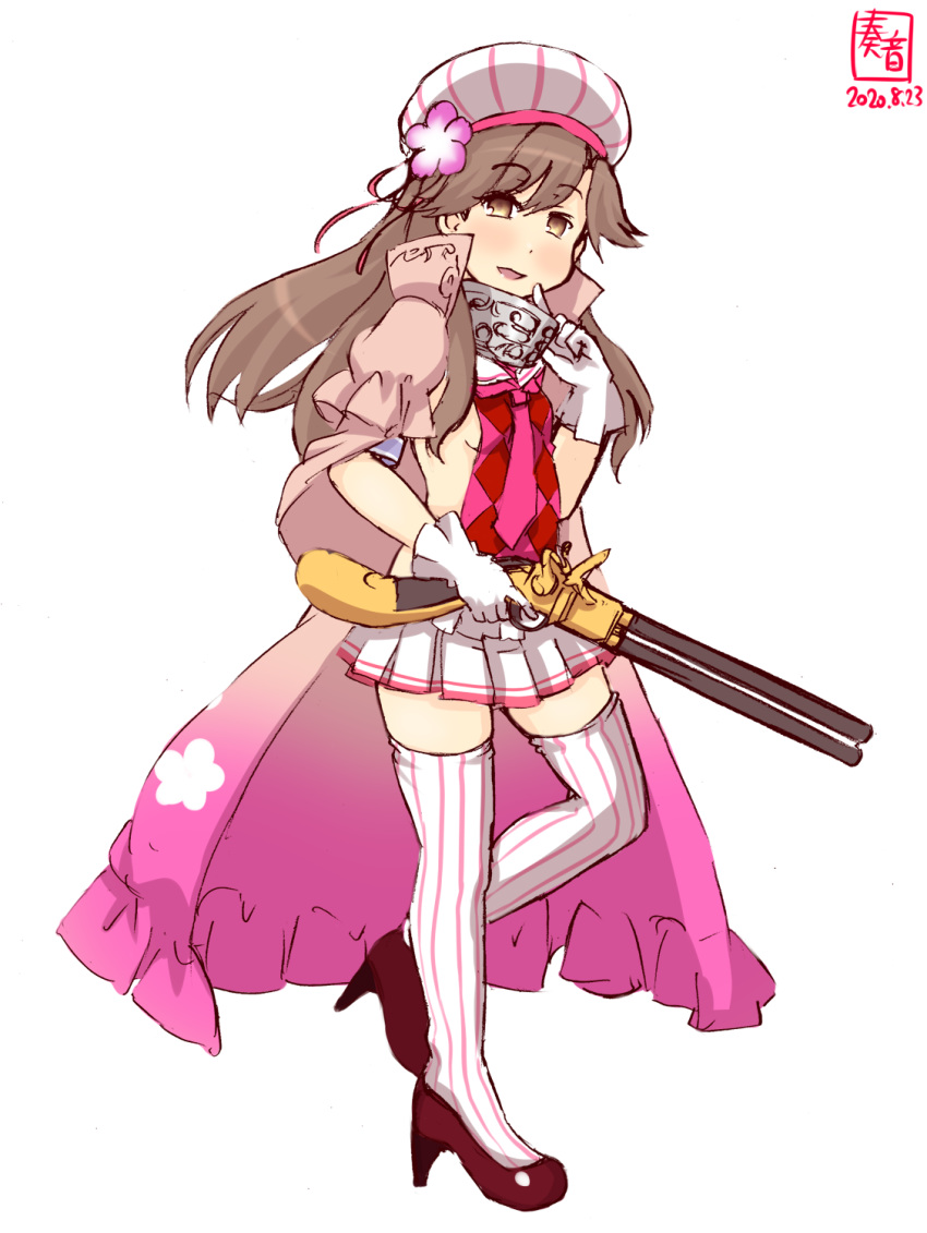 agrostemma_(flower_knight_girl) agrostemma_(flower_knight_girl)_(cosplay) arashio_(kancolle) artist_logo breasts brown_eyes brown_hair cape card commentary_request cosplay dated female flower_knight_girl full_body gloves gun highres kanon_(kurogane_knights) kantai_collection long_hair look-alike looking_at_viewer necktie pink_cape pink_necktie pleated_skirt revision rifle sideboob simple_background skirt small_breasts solo striped_clothes striped_thighhighs thighhighs weapon white_background white_gloves white_skirt white_thighhighs