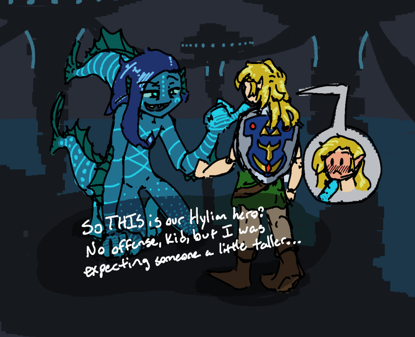 2023 ambiguous_gender anthro arm_fins blonde_hair blue_body blue_eyes blue_markings blue_skin blush blush_lines boots clothed clothing dark detailed_background dialogue digital_media_(artwork) duo fin fish fish_tail footwear hair half-closed_eyes head_tail hi_res human humanoid hylian hylian_shield kaybee_uwu kneeling leg_fins link male male/male mammal marine markings narrowed_eyes nintendo nude pictographics shield shirt simple_eyes simple_face size_difference smile smirk speech_bubble standing teasing teeth text the_legend_of_zelda topwear touching_face tunic white_body white_skin