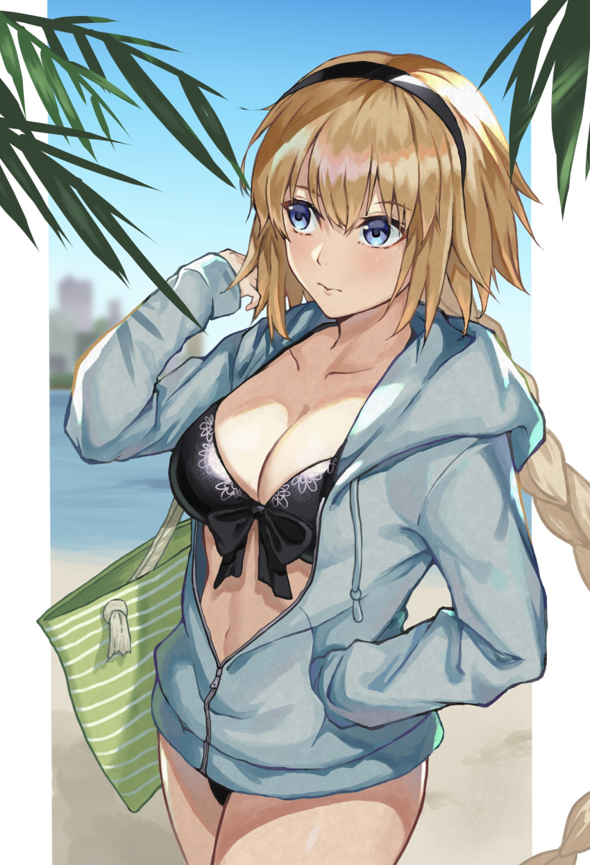 absurdres beach bikini black_bikini blonde_hair blue_eyes blue_jacket braid breasts collarbone commentary fate/grand_order fate_(series) female front-tie_bikini_top front-tie_top highres hood hooded_jacket jacket jeanne_d'arc_(fate) jeanne_d'arc_(swimsuit_archer)_(fate) jeanne_d'arc_(swimsuit_archer)_(first_ascension)_(fate) large_breasts long_braid long_hair long_sleeves navel outdoors palm_leaf single_braid solo swimsuit uha very_long_hair