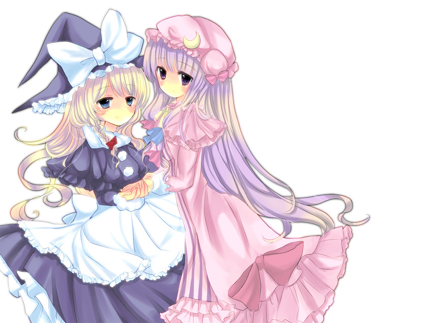 2girls alternate_eye_color apron blonde_hair blue_eyes bow braid chou_nemui commentary_request hat hat_bow holding_hands kirisame_marisa long_hair mob_cap multiple_girls patchouli_knowledge photoshop_(medium) purple_eyes purple_hair ribbon side_braid touhou very_long_hair waist_apron white_background white_bow witch_hat