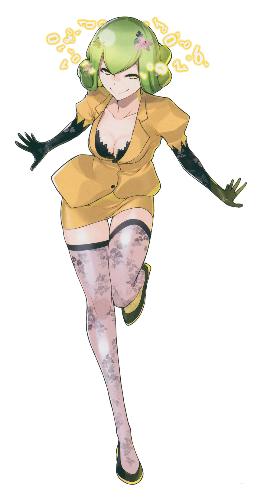 bandai binary black_footwear black_gloves black_shirt breasts cleavage curvy digimon digimon_story:_cyber_sleuth elbow_gloves female female floral_print formal full_body gloves green_hair hair_ornament jacket kishibe_rie looking_at_viewer naughty_face official_art orange_eyes patterned_legwear pencil_skirt print_gloves print_legwear puffy_sleeves scan shiny shiny_skin shirt shoes simple_background skirt skirt_suit smile solo suit thighhighs yasuda_suzuhito yellow_eyes yellow_skirt zettai_ryouiki