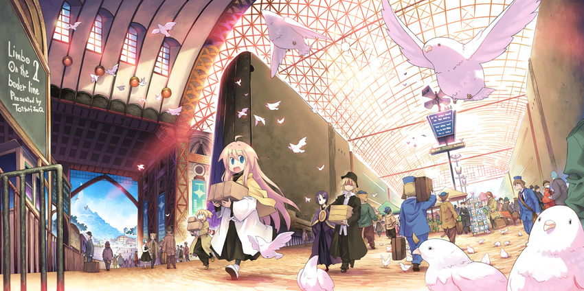 6+boys 6+girls :d ahoge animal_ears artist_name banner bench bird blonde_hair blue_eyes brown_eyes carrying commentary_request crowd dove english_text frown hat horn_speaker kyoukai_senjou_no_rinbo long_jacket looking_at_viewer luggage multiple_boys multiple_girls open_mouth original photoshop_(medium) public_address_system purple_hair shaded_face sign sitting skylight skylight_(architecture) smile speaker suitcase sunlight tail tottori train train_attendant train_station travel_attendant vanishing_point