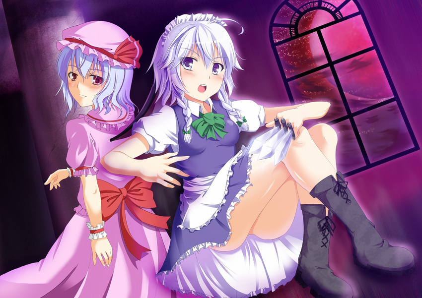 2girls blue_eyes blue_hair boots hat izayoi_sakuya knife maid maid_headdress multiple_girls red_eyes remilia_scarlet sakurabana_itsuki touhou weapon white_hair wings