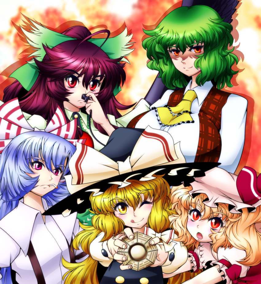 5girls ;q bow cigarette commentary_request flandre_scarlet fujiwara_no_mokou green_bow hairbow hat hat_bow highres kazami_yuuka kirisame_marisa mini-hakkero multiple_girls one_eye_closed raionsan reiuji_utsuho tongue tongue_out touhou witch_hat