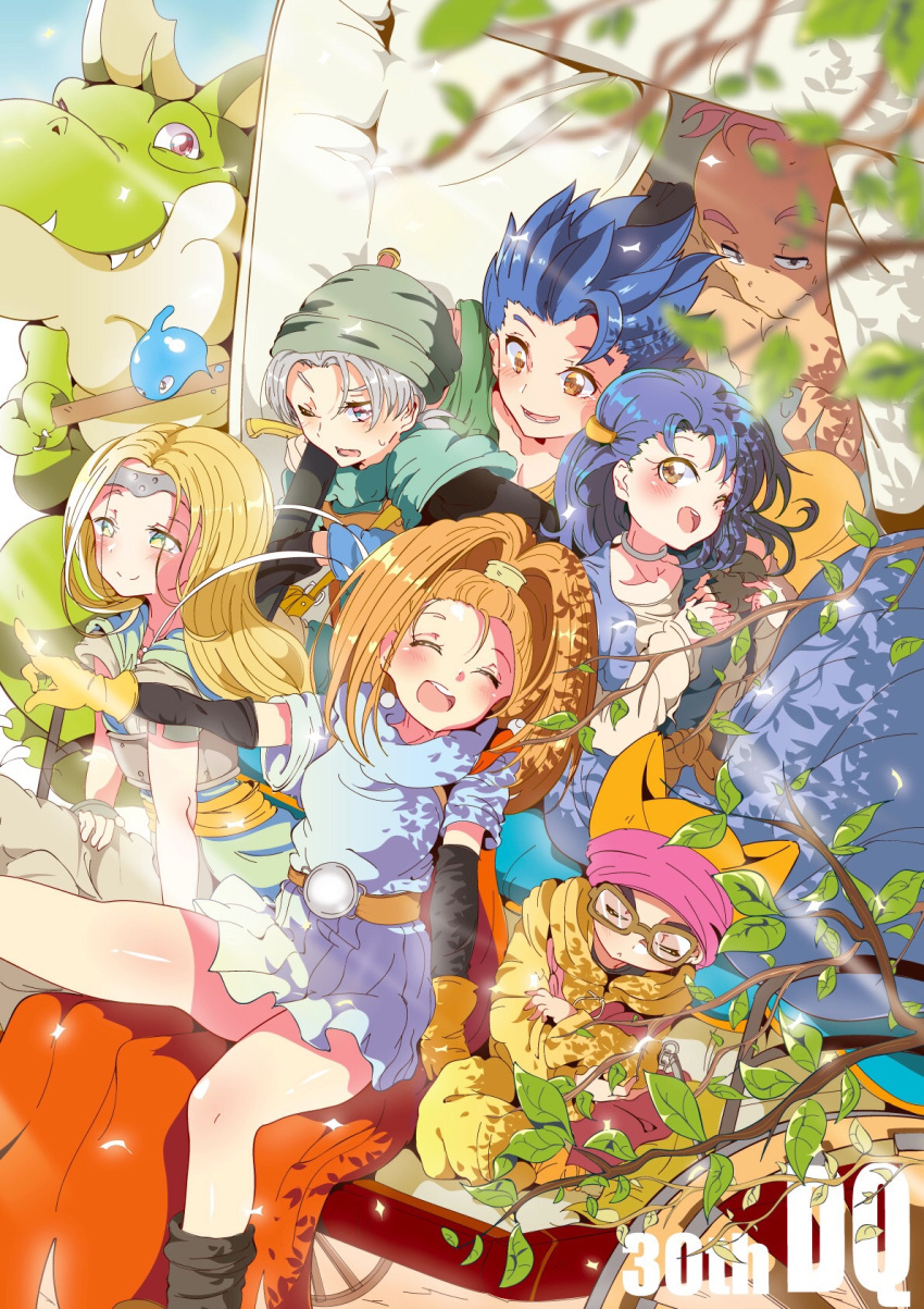 3girls 4boys :d ;d aloe_(kenkou3733) anniversary barbara_(dq6) blue_hair blush chamoro closed_eyes closed_mouth copyright_name dragon dragon_quest dragon_quest_vi drango dress glasses happy hassan_(dq6) hero_(dq6) highres jewelry long_hair mireyu multiple_boys multiple_girls one_eye_closed open_mouth sleeping slime_(dragon_quest) smile spiked_hair sweatdrop sword tania_(dq6) teeth terry_(dq6) upper_teeth_only weapon