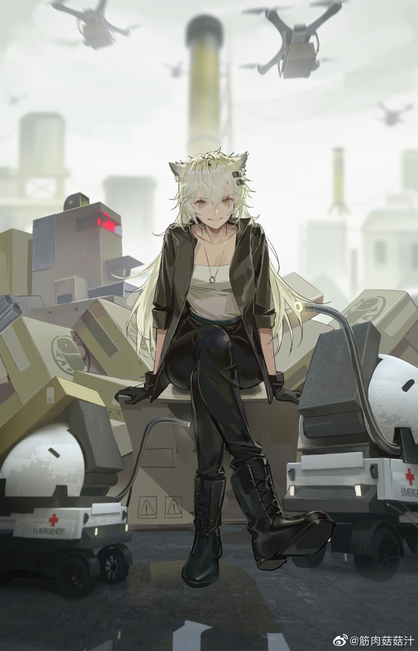 animal_ears arknights black_gloves black_jacket blurry blurry_background boots castle-3_(arknights) cross cross-laced_footwear crossed_legs drone gloves grey_hair hair_ornament hairclip highres jacket jewelry jinrouguguzhi lace-up_boots lancet-2_(arknights) lappland_(arknights) necklace red_cross ring ring_necklace scar scar_across_eye scar_on_face shirt sleeves_rolled_up smile white_shirt yellow_eyes