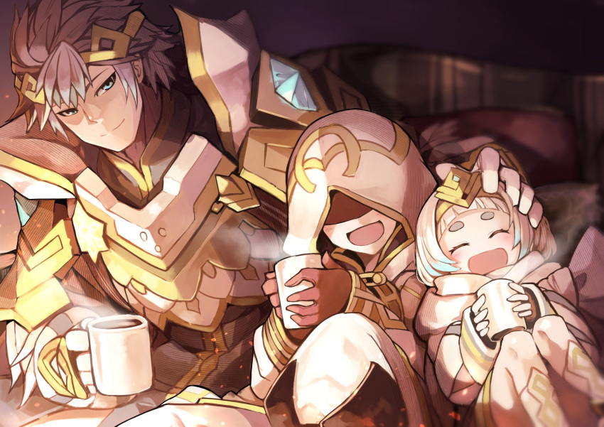 1boy 1other blue_eyes blue_hair brother_and_sister brown_gloves closed_eyes closed_mouth coffee_mug cup female fire_emblem fire_emblem_heroes gloves gradient_hair hair_ornament hand_on_another's_head highres holding holding_cup hood hood_up hrid_(fire_emblem) kiran_(fire_emblem) knees_up long_sleeves mug multicolored_hair nakabayashi_zun open_mouth short_hair siblings sitting smile tiara white_hair ylgr_(fire_emblem)