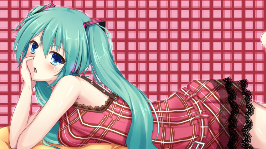 aqua_hair bad_id bad_nicoseiga_id blue_eyes female hatsune_miku head_rest long_hair lying on_stomach open_mouth solo twintails vocaloid yappen