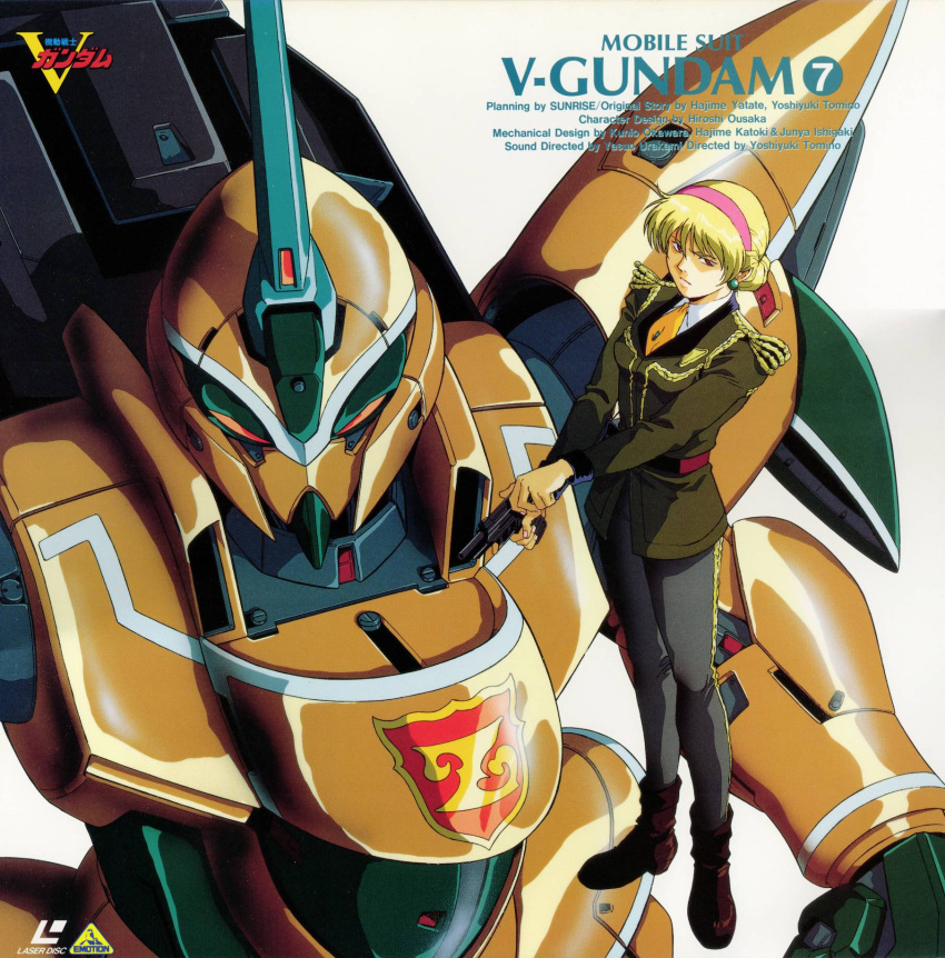 1990s_(style) blonde_hair box_art cover emblem epaulettes female gun gundam hairband handgun highres katejina_loos katoki_hajime mecha military military_uniform mobile_suit necktie official_art promotional_art retro_artstyle rig_shokew robot roundel scan solo traditional_media uniform victory_gundam weapon zanscare