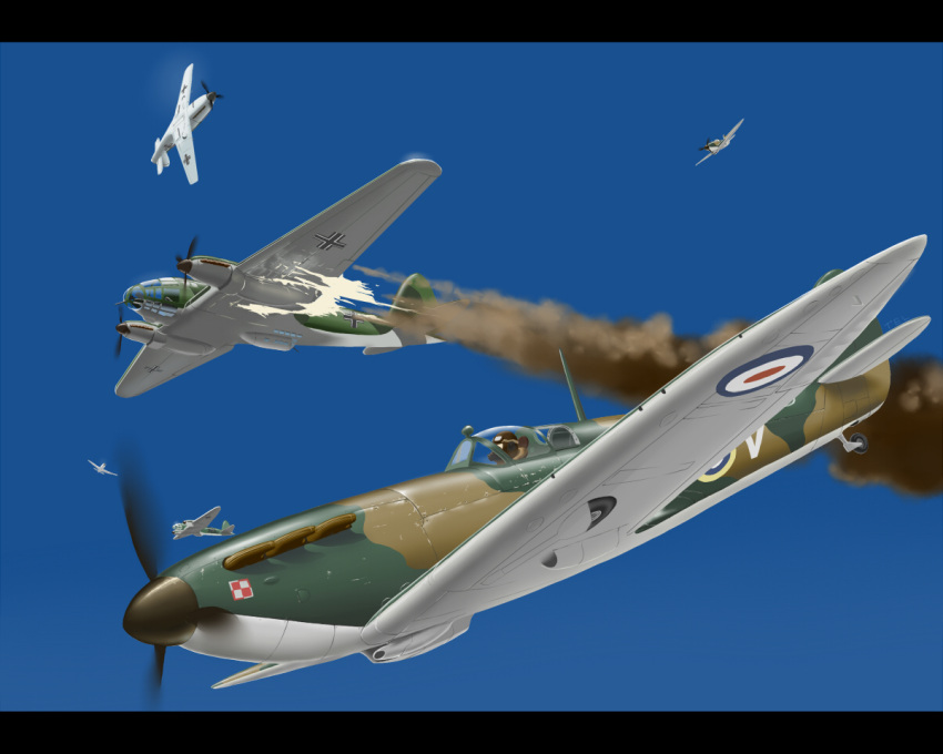 1boy aerial_battle aircraft airplane balkenkreuz battle battle_of_britain bf_109 blue_sky circle commentary_request cross damaged day dogfight fire flying he_111 letterboxed luftwaffe military military_vehicle original outdoors partial_commentary pilot poland polish_air_force_checkerboard propeller radio_antenna real_life realistic roundel royal_air_force shoki_(tel) sky supermarine_spitfire united_kingdom vehicle_focus world_war_ii