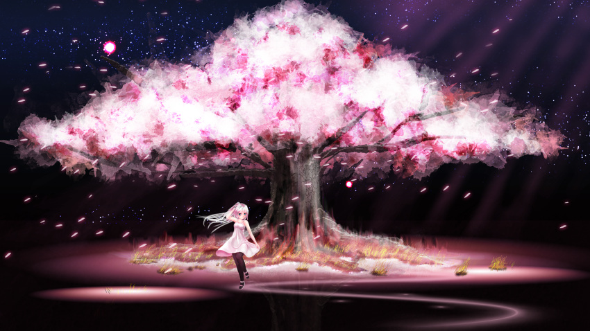 blue_eyes cherry_blossoms commentary_request dress female henet_hene highres long_hair night original pantyhose petals pink_hair ponytail solo star_(symbol) tree white_hair