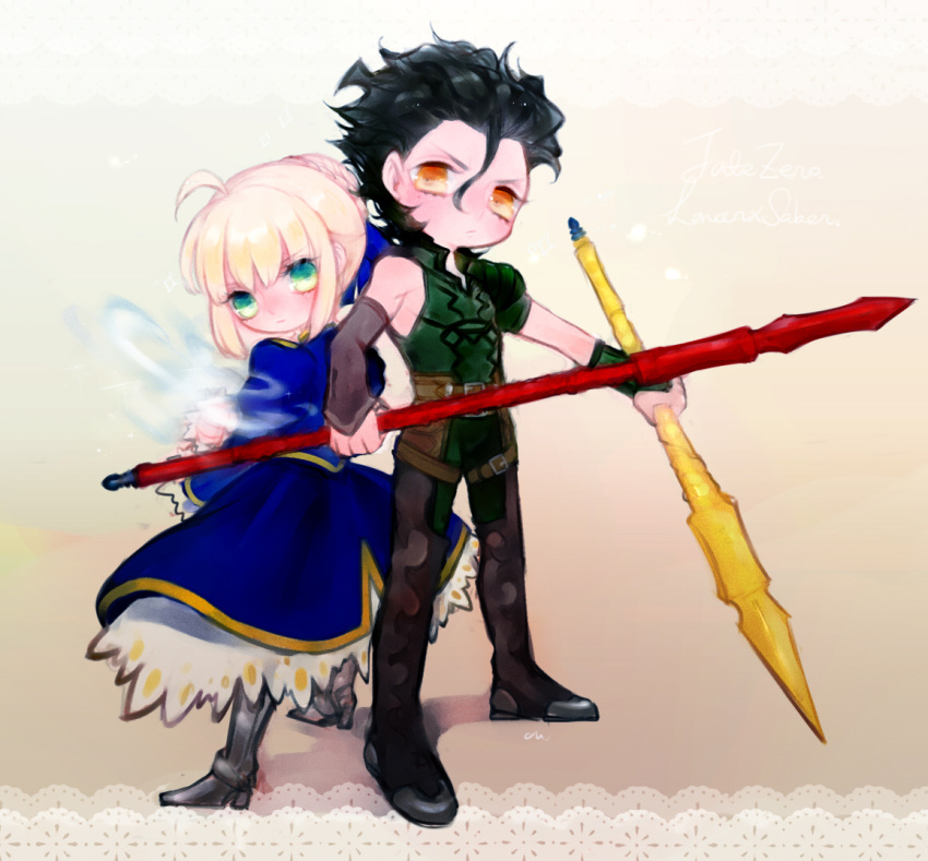 1boy ahoge artoria_pendragon_(fate) bad_id bad_pixiv_id black_hair blonde_hair brown_eyes diarmuid_ua_duibhne_(lancer)_(fate) dress fate/zero fate_(series) female gae_buidhe_(fate) gae_dearg_(fate) green_eyes hair_ribbon invisible_air_(fate) medemoisellecu mole mole_under_eye orange_eyes polearm puffy_sleeves ribbon saber_(fate) spear sword weapon