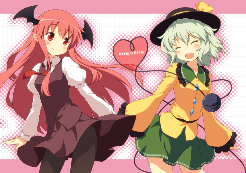 2girls bat_wings black_legwear blush bow closed_eyes commentary_request dress_shirt english_text eyeball green_hair halftone halftone_background hat head_wings heart heart_of_string highres koakuma komeiji_koishi long_hair multiple_girls necktie pantyhose pointy_ears red_eyes red_hair red_necktie shirt short_hair skirt smile third_eye touhou vest wings yamasan