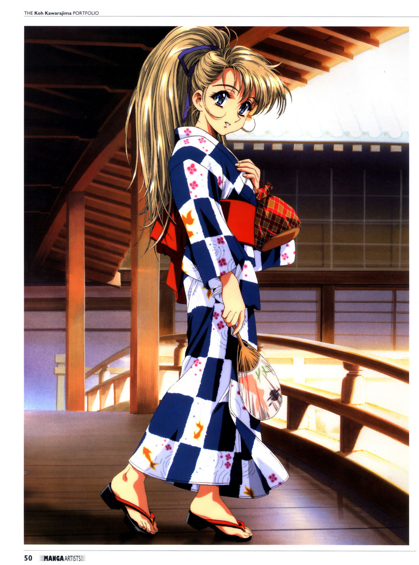 blonde_hair blue_eyes checkered fan geta highres japanese_clothes kawarajima_kou kimono kinchaku long_hair ponytail ribbon yukata