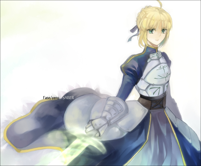 ahoge armor armored_dress artoria_pendragon_(fate) bad_id bad_pixiv_id blonde_hair character_name copyright_name dress excalibur_(fate/stay_night) fate/zero fate_(series) female gauntlets green_eyes hair_ribbon invisible_air_(fate) ribbon saber_(fate) solo sword weapon winora