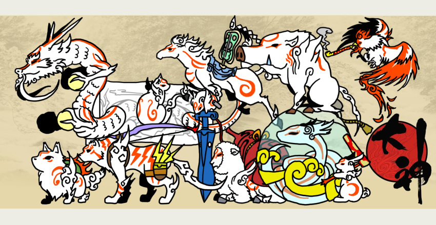 amaterasu_(ookami) bakugami bird black_eyes boar chicken commentary_request dragon eastern_dragon gekigami glaive_(polearm) highres horse kabegami kasugami kazegami lightning_bolt_symbol male_chicken mallet moegami mouse_(animal) no_humans nuregami okami polearm rabbit sheep smoking smoking_pipe snake sword tachigami tail tiger tomi_(tymetravel) weapon wolf yomigami yumigami