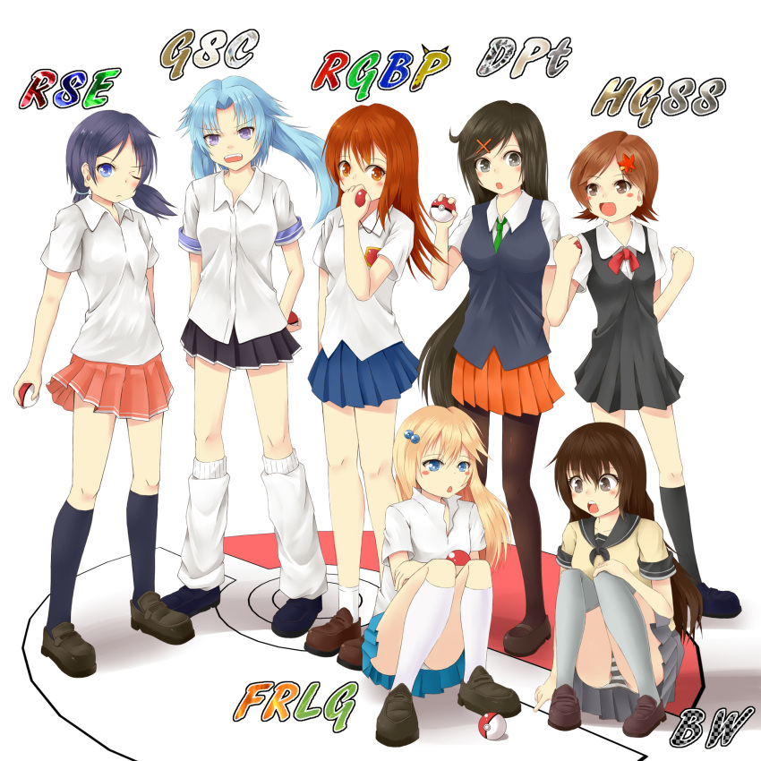 6+girls black_eyes black_hair blonde_hair blue_eyes blue_hair brown_eyes brown_hair commentary_request highres holding holding_poke_ball lass_(pokemon) long_hair multiple_girls one_eye_closed panties pantyhose pantyshot poke_ball pokemon pokemon_bw pokemon_dppt pokemon_frlg pokemon_gsc pokemon_hgss pokemon_rgby pokemon_rse purple_eyes school_uniform skirt sora_(sunday_sky) squatting standing striped_clothes striped_panties underwear very_long_hair