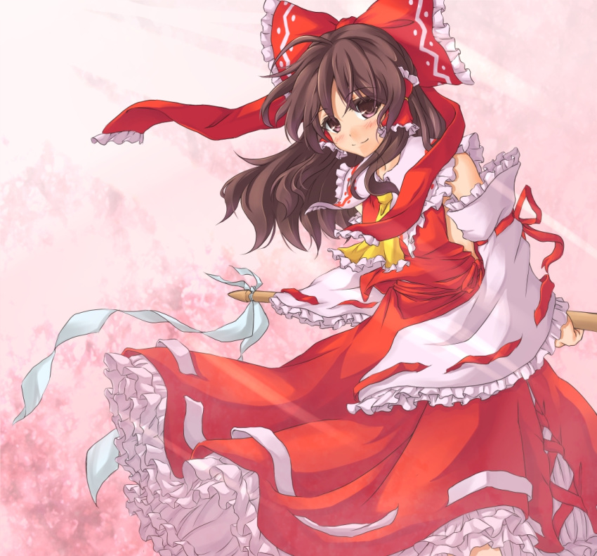 ascot bad_id bad_pixiv_id blush bow brown_eyes brown_hair closed_mouth detached_sleeves female frilled_ascot frilled_bow frilled_hair_tubes frilled_sleeves frills hair_tubes hairbow hakurei_reimu holding long_hair musouzuki red_bow ribbon-trimmed_skirt ribbon-trimmed_sleeves ribbon_trim shide smile solo touhou yellow_ascot