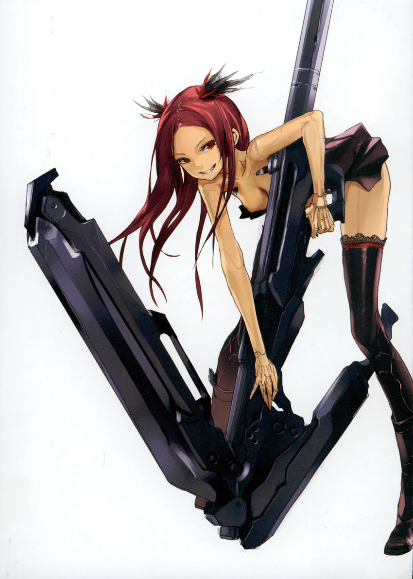 android bare_shoulders beatless black_thighhighs boots breasts cleavage cyberpunk dress female grin hair_ornament highres huge_weapon joints kouka_(beatless) leaning_forward long_hair medium_breasts oerba_yun_fang photoshop_(medium) red_eyes red_hair redjuice robot_joints science_fiction simple_background skirt smile solo thigh_boots thighhighs weapon