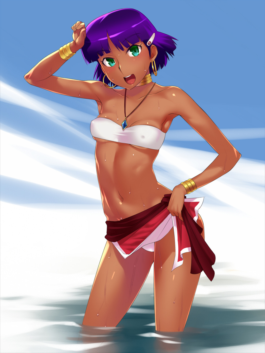 bad_id bad_pixiv_id bandeau bare_shoulders bob_cut bracelet dark-skinned_female dark_skin earrings female fushigi_no_umi_no_nadia green_eyes hand_on_own_hip highres hoop_earrings jewelry nadia_la_arwall navel necklace oohara_kyuutarou open_mouth purple_hair short_hair solo strapless tube_top wading water wet white_bandeau