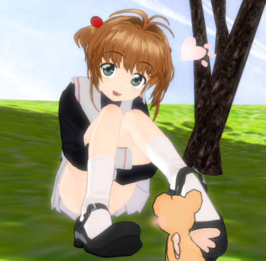 3d 96_(finaltetsuya) bad_id bad_pixiv_id blush brown_hair cardcaptor_sakura commentary_request female full_body green_eyes hair_ornament kero_(cardcaptor_sakura) kinomoto_sakura open_mouth pleated_skirt school_uniform short_hair sitting skirt smile socks tomoeda_elementary_school_uniform twintails white_skirt