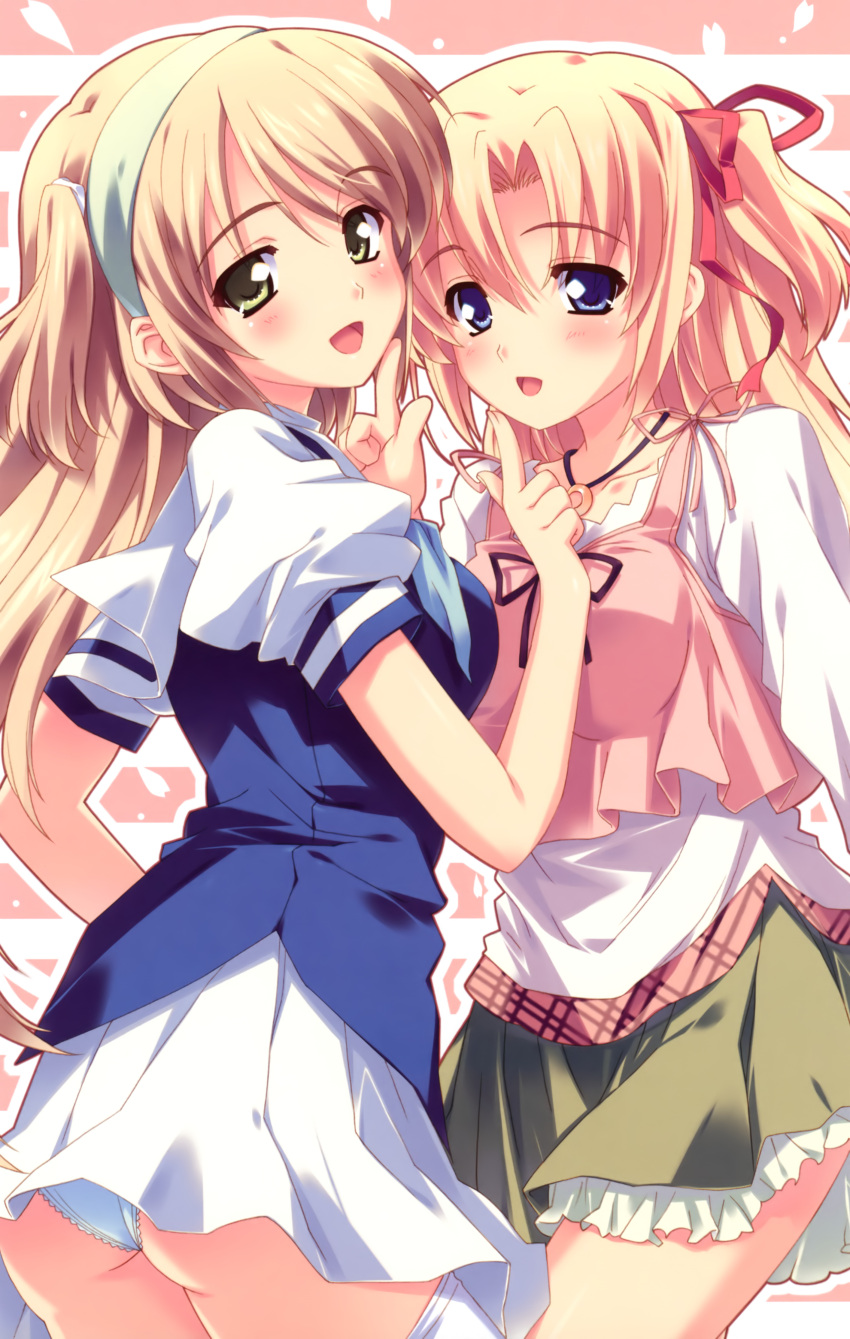 2girls absurdres ass blonde_hair company_connection crossover hairband highres kusukusu marie_rudel moshimo_ashita_ga_hare_naraba multiple_girls nonosaki_akiho one_side_up palette_(company) panties pantyshot sakura_strasse school_uniform standing underwear