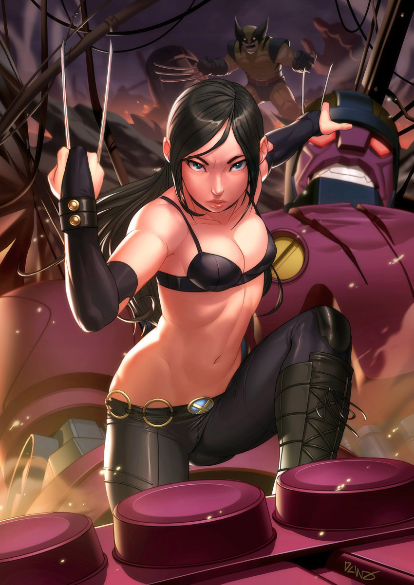 1boy animification battle black_hair blue_eyes boots breasts bridal_gauntlets claws cleavage commentary_request dcwj female highres laura_kinney lips long_hair marvel mecha muscular navel photoshop_(medium) robot sentinel_(x-men) small_breasts when_you_see_it wolverine_(x-men) x-23 x-men