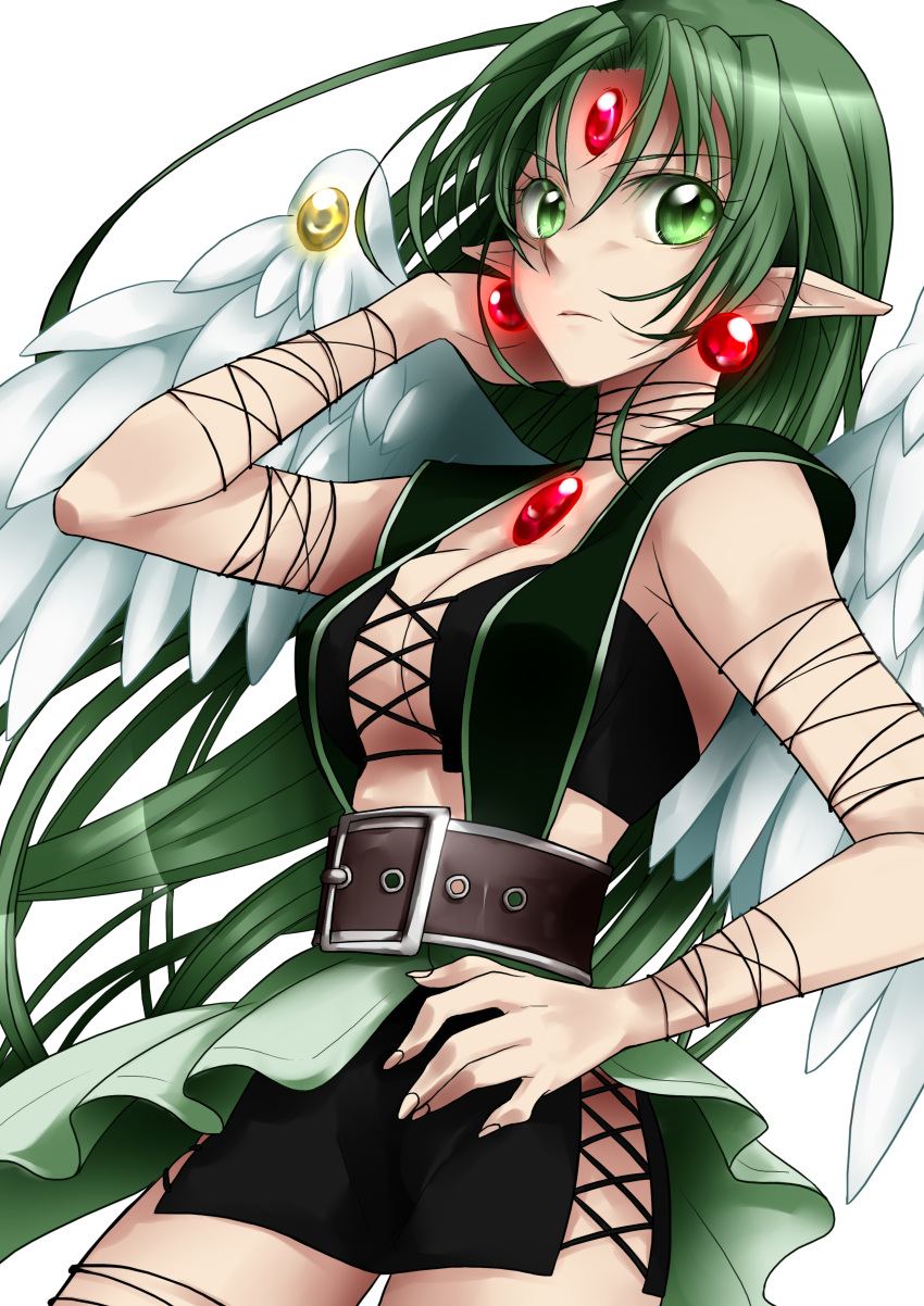 absurdres angel belt breasts earrings female finn_fish green_eyes green_hair highres jewelry kamikaze_kaitou_jeanne long_hair pointy_ears skirt wings