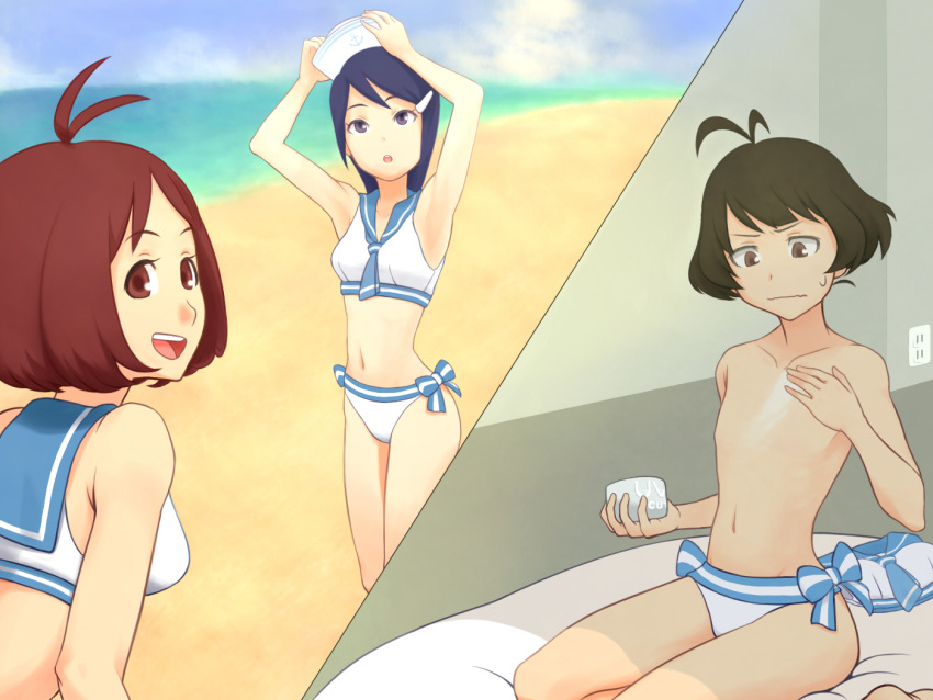 1boy 2girls akizuki_ryo arisato_3 bikini blue_eyes blue_hair brown_eyes brown_hair commentary_request crossdressing dixie_cup_hat hat hidaka_ai idolmaster idolmaster_dearly_stars looking_up lotion military_hat mizutani_eri multiple_girls open_mouth sailor_bikini sailor_collar sailor_hat sailor_swimsuit_(idolmaster) short_hair smile sunscreen sweatdrop swimsuit