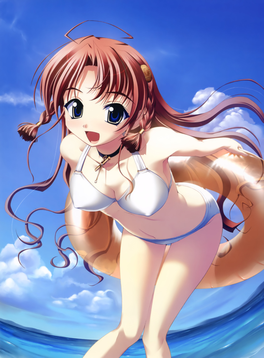 absurdres ahoge asanagi_mio asanagi_no_aquanauts bikini blue_hair blush braid breasts brown_hair cleavage cloud covered_nipples day female fisheye highres innertube leaning_forward looking_at_viewer medium_breasts ocean open_mouth sky smile swim_ring swimsuit thigh_gap twin_braids yamino_kenji