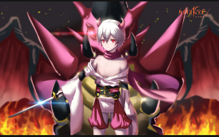 all_male chaos_dragon fire hk_(zxd0554) horns ibuki_(chaos_dragon) katana male red_eyes scarf short_hair sword weapon white_hair wings