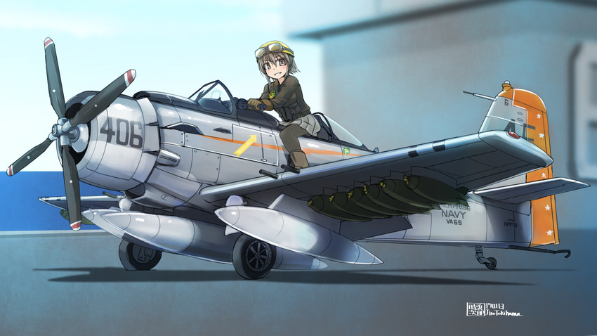 a-1_skyraider aircraft aircraft_carrier airplane aviator_girls bomb brown_eyes brown_hair commentary_request explosive female flight_deck hardpoint highres military military_vehicle original propeller ship solo tokihama_jirou vehicle_focus vietnam_war warship watercraft