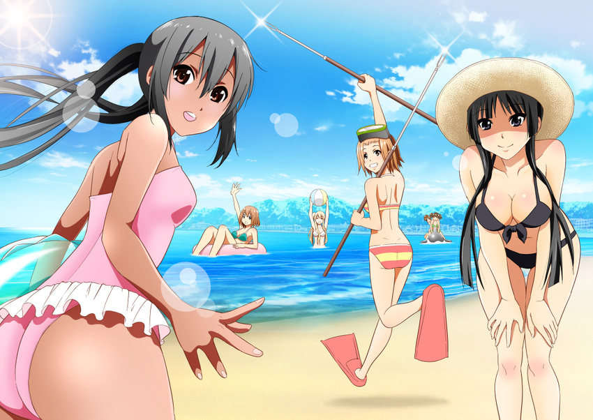 6+girls akiyama_mio ass ball beach beachball bikini black_eyes black_hair blonde_hair breasts brown_eyes brown_hair cleavage closed_eyes cloud commentary_request day frills front-tie_top goggles goggles_on_head grin hands_on_thighs hanging_breasts hat hirasawa_ui hirasawa_yui innertube k-on! kotobuki_tsumugi large_breasts lens_flare long_hair looking_back multiple_girls nakano_azusa one-piece_swimsuit open_mouth outdoors polearm red_eyes short_hair sky smile spear sun sun_hat suzuki_jun swim_ring swimsuit tainaka_ritsu tan thigh_gap twintails weapon yomoyama_akira