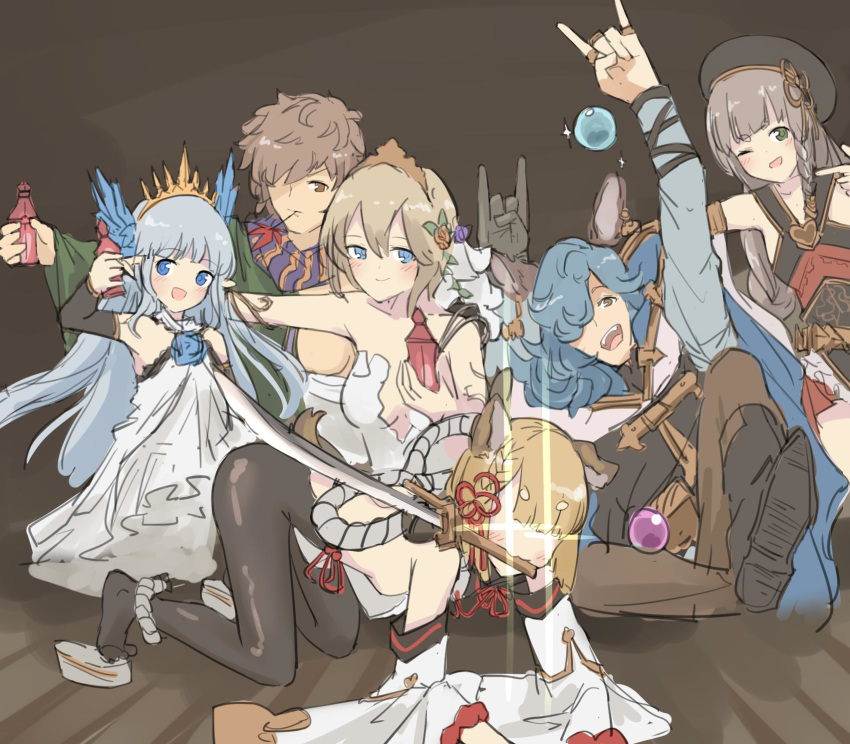 2boys 4girls animal_ears blush dog_ears drang_(granblue_fantasy) erune europa_(granblue_fantasy) glowing glowing_eyes gran_(granblue_fantasy) granblue_fantasy group_picture highres holding holding_sword holding_weapon kengo_(granblue_fantasy) lily_(granblue_fantasy) lyrinne multiple_boys multiple_girls on_floor pantyhose pholia pointing post_guild_war_celebration potion sword vajra_(granblue_fantasy) weapon